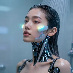 photo of dreamy female as a solarpunk cyborg with fluorescent lamps around face, robotic body parts around neck and shoulders, real human face with clean skin, under a shower, ultra - realistic and detailed, long exposure, soft focus hdr 8 k
