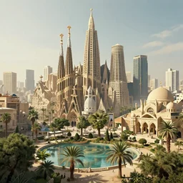 city and temples in brutalism, gigantism, aad arab architectural style, but it is an oasis with trees and water, composition idea concept art for movies, style of denis villeneuve and greg fraiser