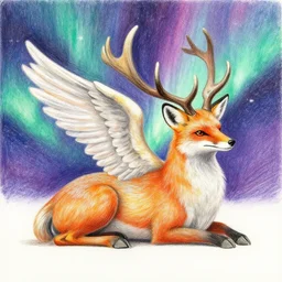 a colored pastel pencil drawing of a auroral cosmic hyperspace winged deer fox griffon settling its nest and clutch of fluffy eggs, vibrant watercolor fantasy painting on rough gouache canvas