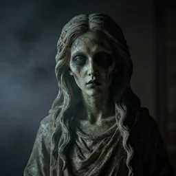 weird statue close up in a dark room, creepy and eerie athmosphere, mist, photorealistic, hd,