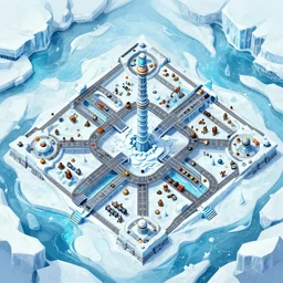 a tower defense level, ice, north pole, waterways, top down perspective, art