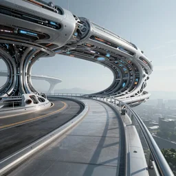 view from an orbital bridge, curved, futuristic, mechanical, alive, technological, utopia, highly intricate, art by Noah Bradley