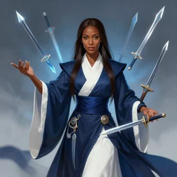 Beautiful 40 years old Illusionist lady, dark brown skin, dark brown hair, straight hair, Dark blue and White robes, multiple floating swords, wife, high fantasy, love interest, artstation, trending in deviantart, artstationHD, artstationHQ
