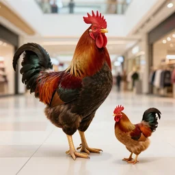 giant rooster next to a small rooster inside a shopping mall