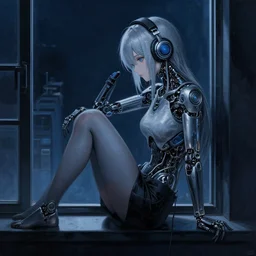 cyborg - girl with silver hair, wearing headphones, and sitting on a window sill, highly detailed, painting, dark blue and black color palette, intricate, high quality anime artstyle, in the style of artgerm