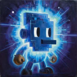 a tetris head main character, powerful digital glitch aura, by ross tran, oil on canvas