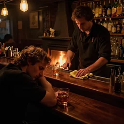 dimly - lit, intimate bar scene. a fireplace is lit for warmth. a single exhausted patron remains, finishing one last drink before the bar closes for the night. the barkeep is diligently scrubbing the countertop with a well - used rag.