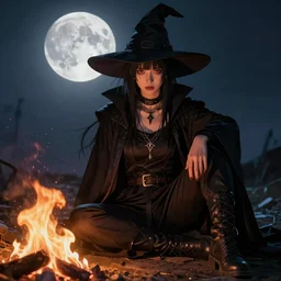 portrait of a cyberpunk young witch in a black robe sitting on the ground next to a fire, full moon in the sky overhead, detailed face, highly detailed, by frank frazetta and boris vallejo
