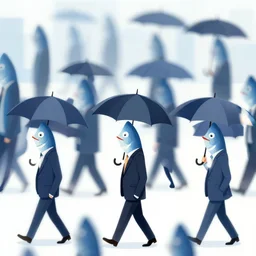a city full of upright walking fish wearing suits and carrying umbrellas, digital illustration