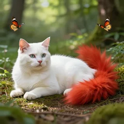 white cat with fluffy red tail like fox tail lying with butterflies at sunny forest, high detailed, hyper realistic, photorealistic, ray tracing, leica 8 5 mm