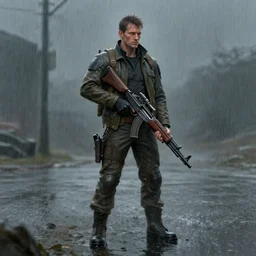 a man with a bullpup standing in the rain, concept art by james paick, cgsociety, antipodeans, reimagined by industrial light and magic, concept art, artstation hd