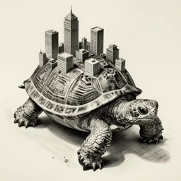 giant turtle with a city on its back, isometric, graphite drawing, ultra detailed,