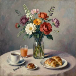 a surreal painting of a breakfast still life, vase of flowers, by George Baselitz, symbolist, soft colors, dramatic lighting, smooth, sharp focus, extremely detailed, aesthetically pleasing composition