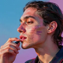 minimalist photograph Coachella influencer leaking lines of code out of their skin, detailed ambient lighting, hyper realistic, vibrant colors, cinematic, modernist art style, digital art painting by Maciej Kuciara, cinematic, 35mm grain filter, artstation