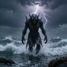 cthulhu walking through the sea, waves crashing, gloomy weather, lightning from above, volatile weather, chaos mysterious, ultra - realistic, super - resolution, ultra - hd, insanely detailed, super detailed