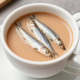 anchovies floating in a white porcelain cup of chai milk tea, macro restaurant photo