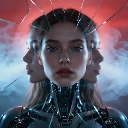 symmetry closeup portrait of a cyborg girl, shattered glass, cinematic light, backlight, red sky blue, misty, vape, by mikhail vrubel, by philippe druillet, by peter elson, by gerald brom, muted colors, ( ( extreme detail ) ), trending on artstation, 8 k
