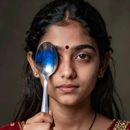 indian girl covering one blue eye with a spoon, photorealistic, detailed, reflections, hyperrealistic