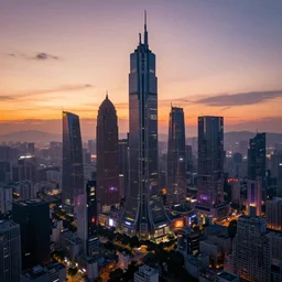 a cyberpunk utopia city during sunset