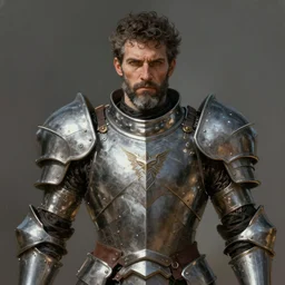 medium-length portrait of a male paladin with short curly hair and a greying beard, olive skin, a grim expression and tired eyes, wears a suit of silver power armor, magitech!, gundam, medieval setting, highly detailed, digital painting, artstation, concept art, sharp focus, illustration, art by greg rutkowski and alphonse mucha