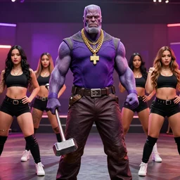 thanos in a rap video with female backup dancers, he's wearing gold chains and hammer - pants