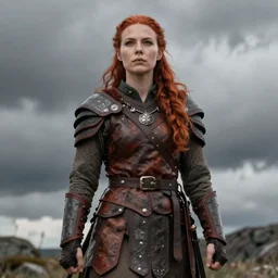 north female warrior, red hair, ginger hair, long hair, fantasy, female Viking, high detailed, photography, cloudy, lightweight leather armour, Scandinavia, plain, detailed face, beautiful face, look into the distance, professional model, glowing skin, serious face, full body, professional photographer, masterpiece, 50 mm, 8k, 3D