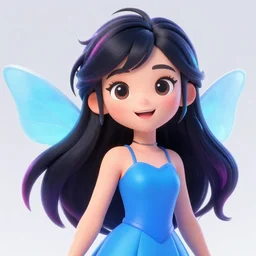 stunning 3d render of a fairy, anime like, portrait, happy face, black hair, electric colours, blue dress, hd