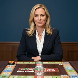 a portrait photograph of a blonde female ceo in her 6 0's from the board game evil corp, photographed by annie leibovitz at the golden hour against a backdrop of flames. cinematic lighting, in the style of gaspar noe