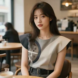 beautiful!!!!! young adult woman in a cozy coffee shop wearing an avant garde outfit designed by zaha hadid, close up, natural lighting, 5 0 mm