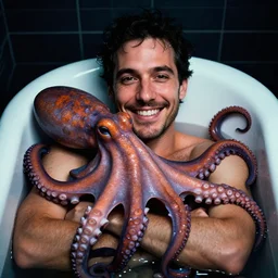 photo of a smiling man relaxing on a bath tub hugged by an octopus, 4 k, very detailed, direct gaze, face accuracy, dramatic lighting, dark vibrant colors