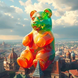 stunning painting of an oversized colorful translucent gummy bear towering over panoramic budapest, destroying buildings, hyperdetailed illustration, by artgerm, artstation, unreal engine 5 photorealistic