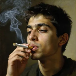 a beautiful cinematic masterpiece classical headshot closeup portrait of a tripping suburban indian stoner boy smoking a joint, head only, by greg rutkowski, by pieter de hooch, by jean - honore fragonard, oil on canvas, brilliant lighting, smoke, chiaroscuro, detailed, no frames, 8 k
