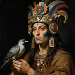 a baroque close - up portrait of a fantasy alien cyborg shaman god wearing facepaint and a colorful futuristic aztec visor with metallic floral technology, holding a bird. black background. studio lighting. highly detailed science fiction fantasy painting by norman rockwell, moebius, frank frazetta, syd mead, and sandro botticelli. high contrast. renaissance masterpiece. artstation.