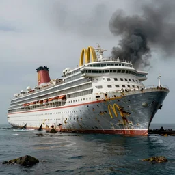 a derelict immense McDonald's brand vacation cruise liner with yellow golden arches logo run aground and broken on a deserted island, oil slick in the water, thick black smoke billowing, overcast, dystopian, bad vibes, photorealistic, sharp focus, hyper detailed, octane render