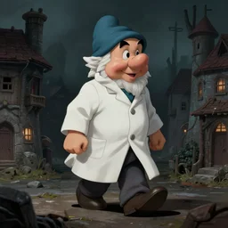 a plague doctor walks through a dwarf city, dark atmosphere, detailed, dark Colors