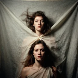 a portrait of a woman wearing a fabric cloth drapery by peter mohrbacher and jenny saville and roberto ferri, dramatic, dynamic lighting, sharp focus, motion, symmetrical features