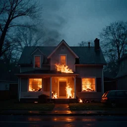house on fire, almost night, dim light, bad weather, ultra hd, ultra sharp, hyper detailed, 8 k, shot on 3 5 mm film camera, smooth sharp focus, realism, tumblr aesthetic, we heart it aesthetic - h 6 4 0