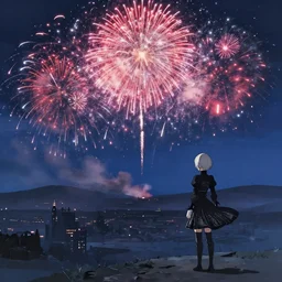 sky of fireworks seen from long distance by makoto shinkai, nier atutomata environment concept art, greg rutkowski and krenzcushart