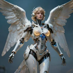 angel with solarpunk mecha humanoid robotic implanted parts with bright led lights, pudica pose gesture, by bouguereau, ultra - realistic and intricate, hdr 8 k