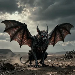 Film still of a demon that looks like a bat, photorealistic, film still, desolate, terrifying, weird, strange, odd, uncanny