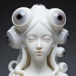 full head and shoulders, beautiful porcelain female person, mixed with giant frog spawn eyes, smooth, delicate facial features, white detailed eyes, white lashes, 3 d white shiny thick, larg tentacles and eyeballs by daniel arsham and james jean, featured in pictoplasma