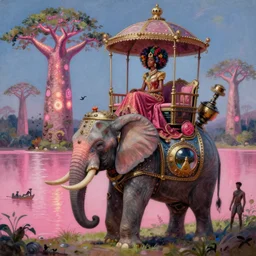 a regal and elegant african queen with a colorful curly afro sitting in a cabana on top of an extremely large steampunk elephant near a pink lake with a large glowing baobab tree, by amanda sage and alex grey and evgeni gordiets in a surreal psychedelic style, oil on canvas 8k, hd