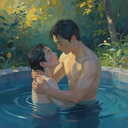 a painting of a man being baptized in a garden by chiho aoshima, golden hour, cinematic lighting, cool, spiritual, detailed, 8 k concept art