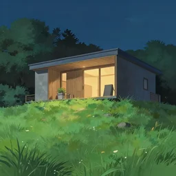 modern building entrance on top of a grass mountain at night, artstation, ghibli