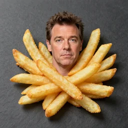 photo of [ a french fry chip ] shaped like stephen fry as a hybrid intercross mix