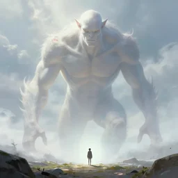 a giant ethereal pale humanoid monster looming over a tiny human in an epic landscape, ethereal fantasy, artstation, james gurney