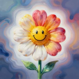 A beautiful art installation of a flower with a smiling face in the center. The petals are a bright color, and the stem is green. The background is a gradient of colors. Navajo white by Jeremy Mann amorphous