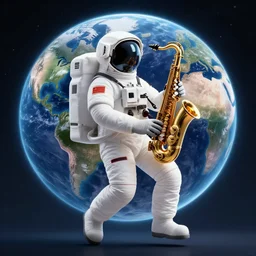 an astronaut floating in front of the earth doing jazz improvisation with a saxophone