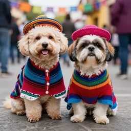 a cream-colored Havanese and shih tzu wearing a knitted cinco de mayo ponchos and knitted hats at a fiesta in Mexico, Leica 35mm, 4K