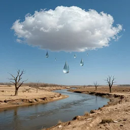 beautiful panorama of many magnificent big upside-down raindrops in a perfect cloudless blue sky above a dried up river, desolate land, dead trees, blue sky, hot and sunny highly-detailed, elegant, dramatic lighting, artstation, 4k, cinematic landscape, masterpiece photograph by Elisabeth Gadd, Zdzislaw Beksinski, National Geographic